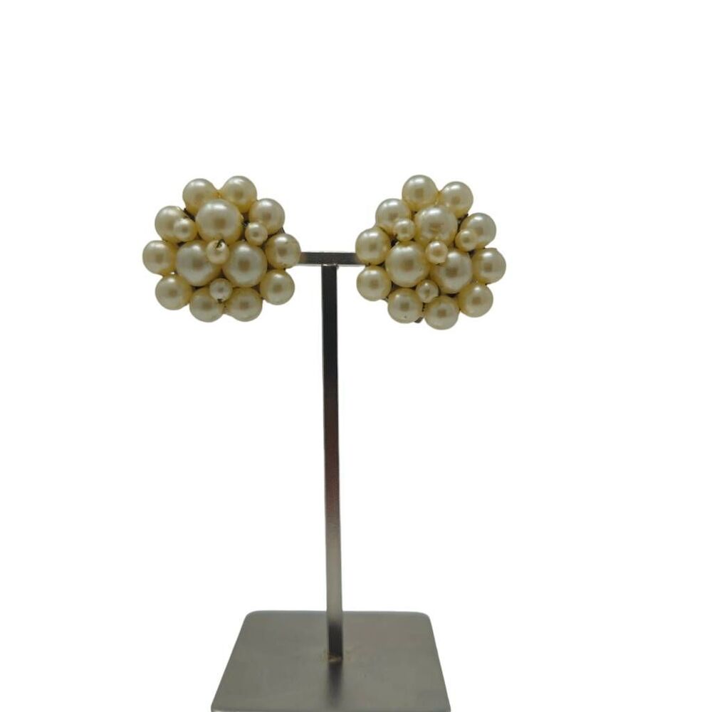 Vintage Faux Pearl Cluster Clip-On Earrings | Signed Hong Kong